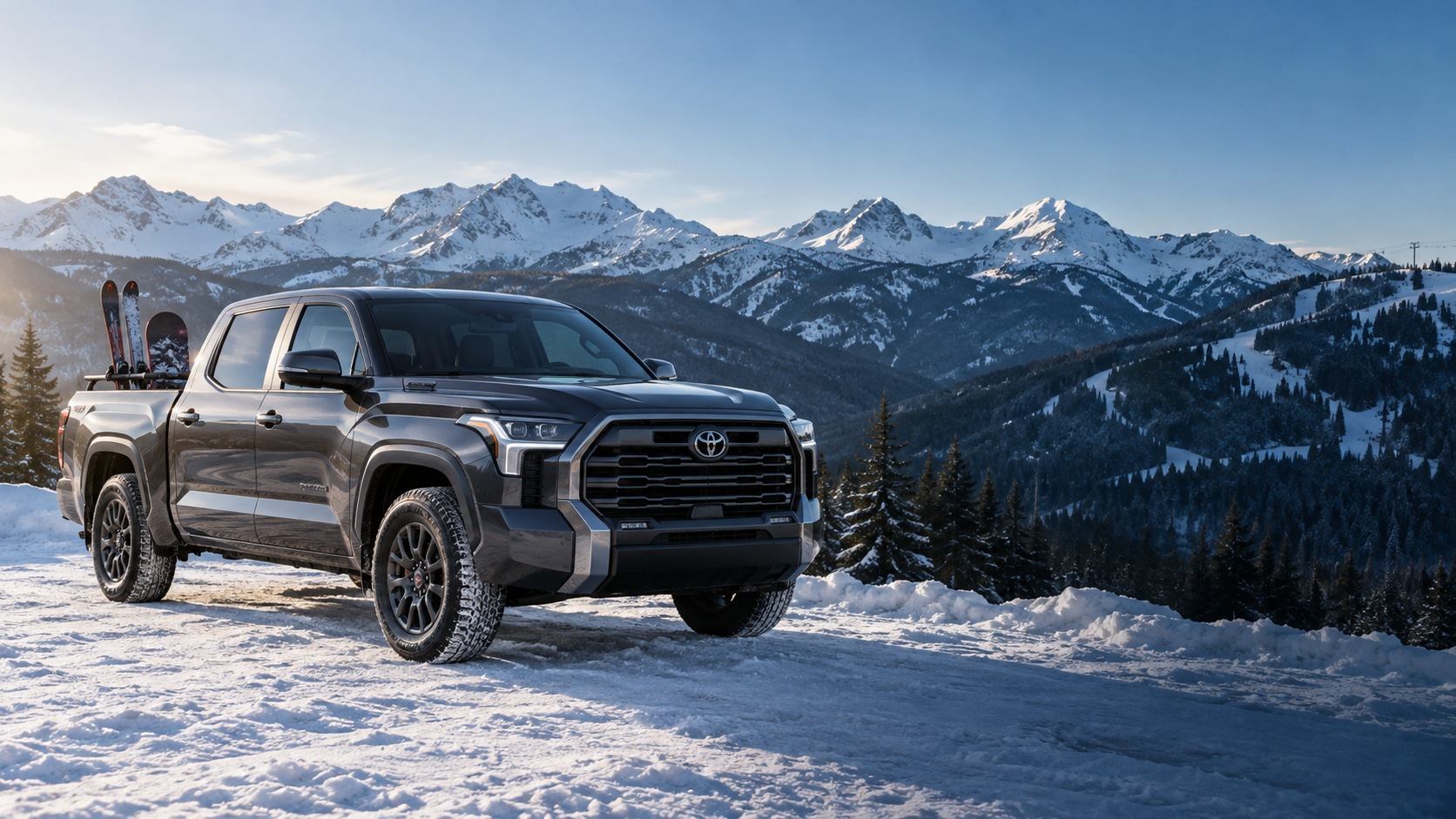 A graphite Toyota Tundra with skis and a snowboard parked in an alpine winter landscape